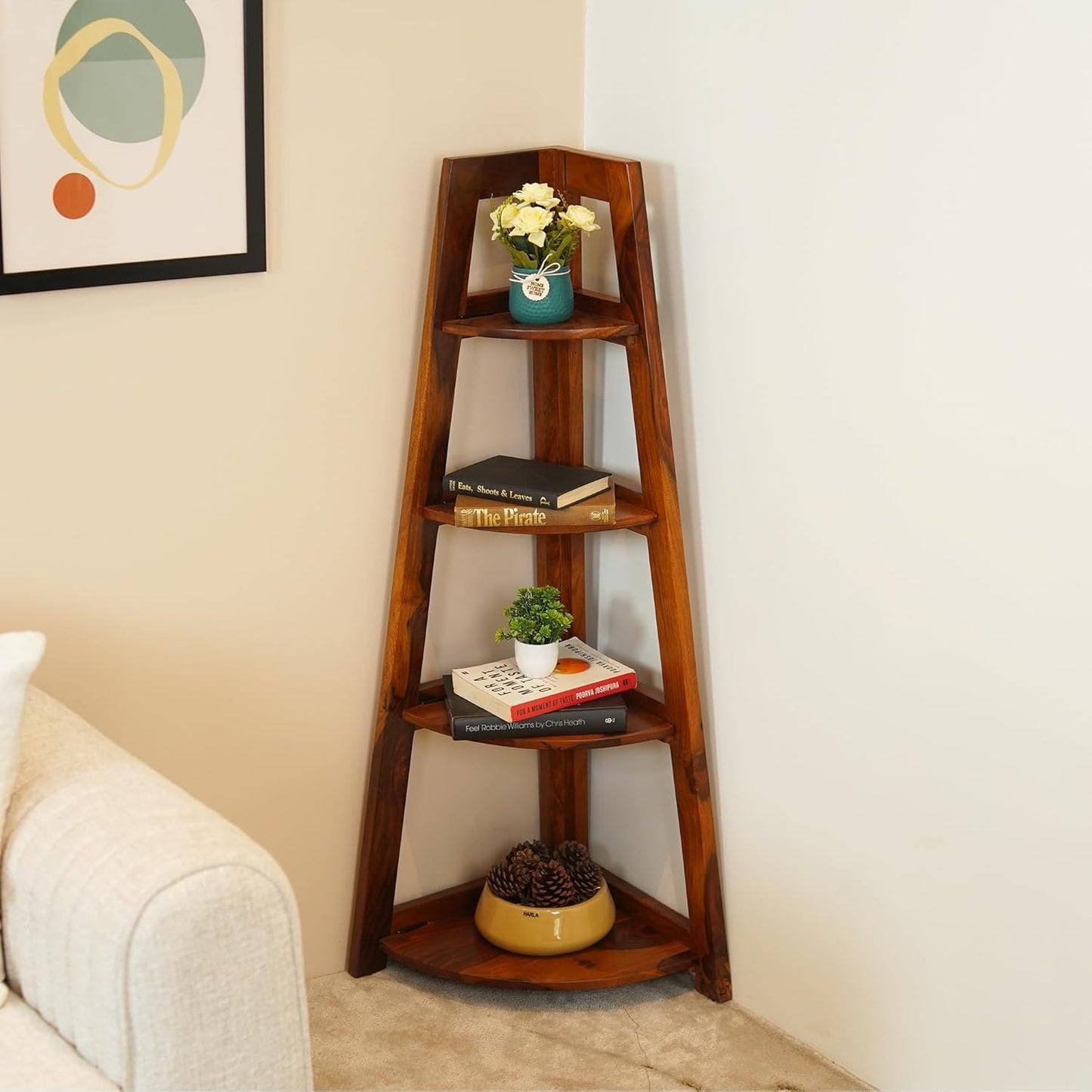 Space Galaxy Furniture Solid Sheesham  Corner Bookshelf 4 Tier Ladder Book Cabinet Corner Shelf, Book Shelf Honey Oak Finish