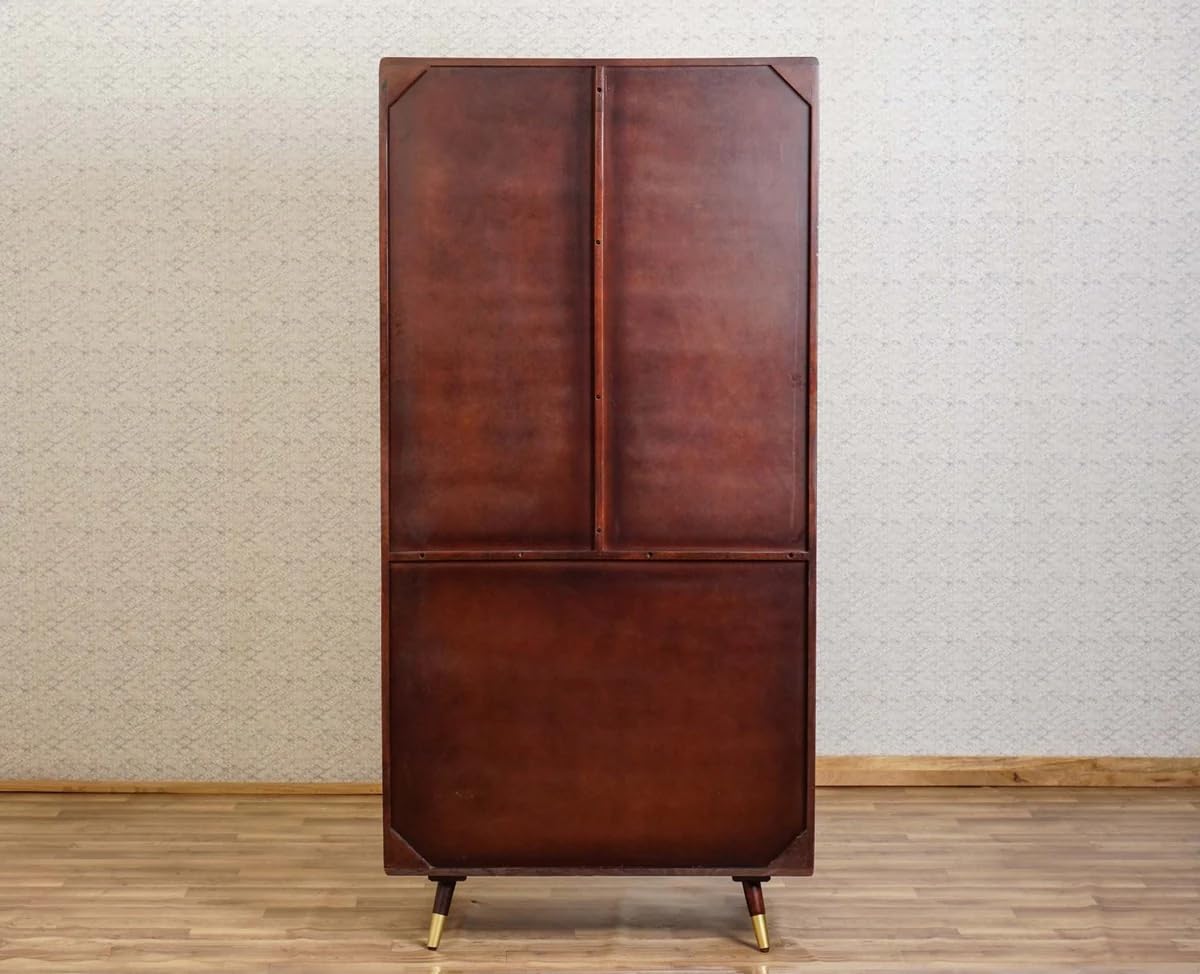 Space Galaxy Furniture Solid SheeshamRattan Cane Wardrobe | 2-Door Almirah with 3 Drawers, 6 Storage Shelves, 1 Hanging Rod Space | Wooden Cupboard, Walnut  Finish