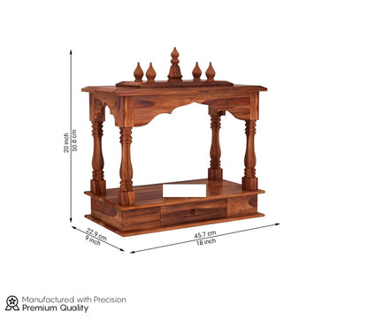 Space Galaxy Furniture Solid Sheesham  Wall-Mounted Temple Shelf, Sheesham Wood Pooja Mandir with Storage Drawers, Traditional Design, Honey Oak Finish