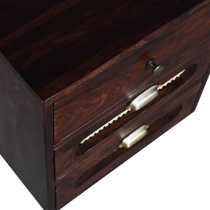 Space Galaxy Furniture Solid Sheesham Bedside Table Rattan Cane Nightstand Lamp Table with 3 Drawers Storage Walnut Finish