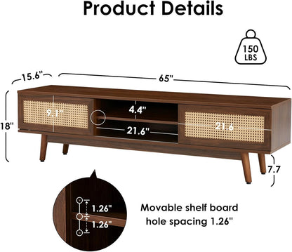 Space Galaxy Furniture Solid Sheesham TV Unit | Mid Century Modern TV Stand with Rattan Cane 2 Doors, & Two Shelf | Entertainment Cabinet | Dark Walnut