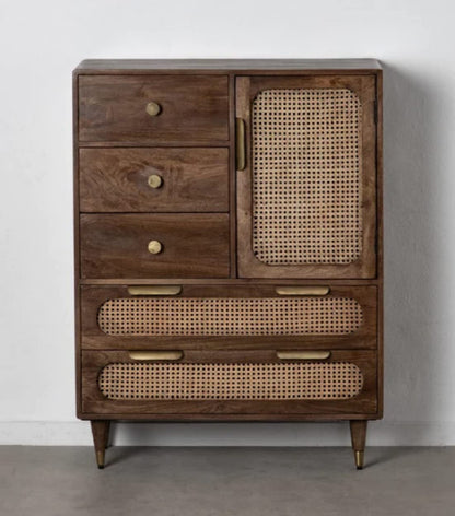 Space Galaxy Furniture Solid Sheesham Chest Of Drawers Rattan Cane | Storage Type: 1 Door and 5 Drawers | Finish:-Dark Walnut