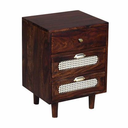 Space Galaxy Furniture Solid Sheesham Bedside Table Rattan Cane Nightstand Lamp Table with 3 Drawers Storage Walnut Finish