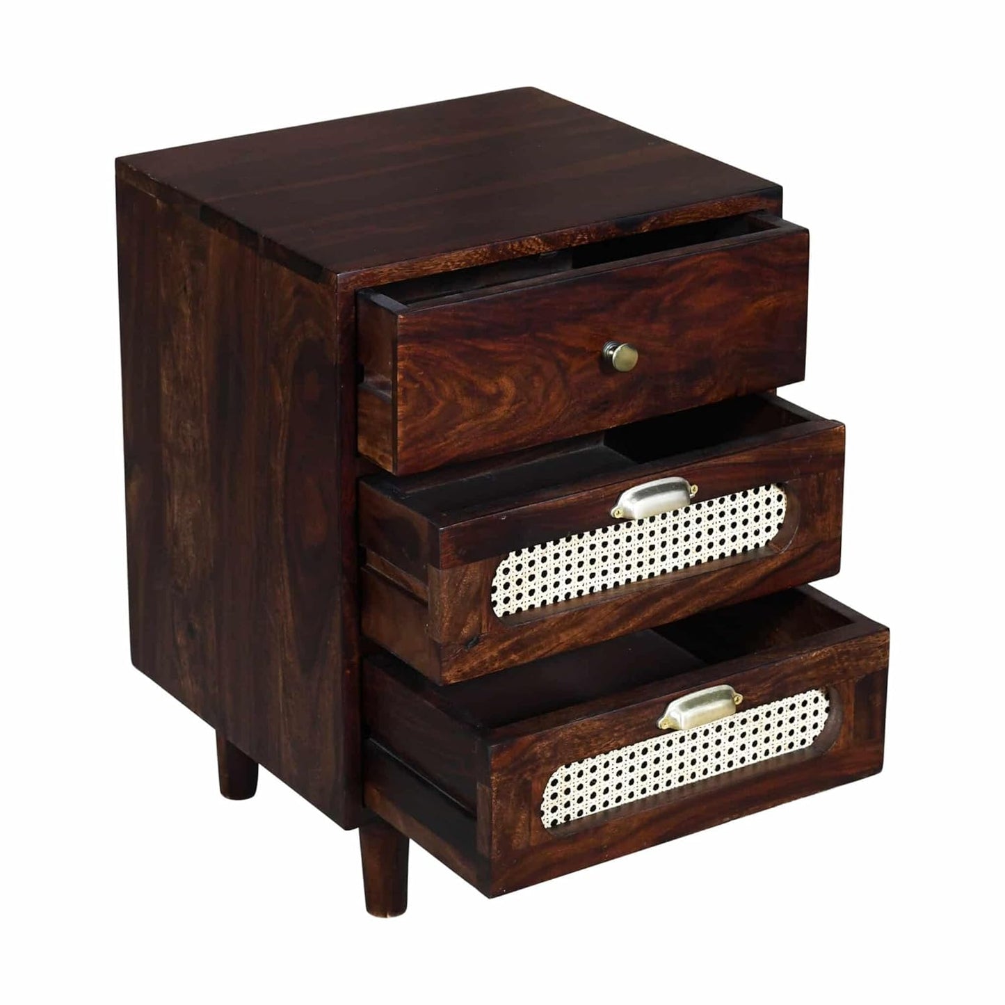 Space Galaxy Furniture Solid Sheesham Bedside Table Rattan Cane Nightstand Lamp Table with 3 Drawers Storage Walnut Finish