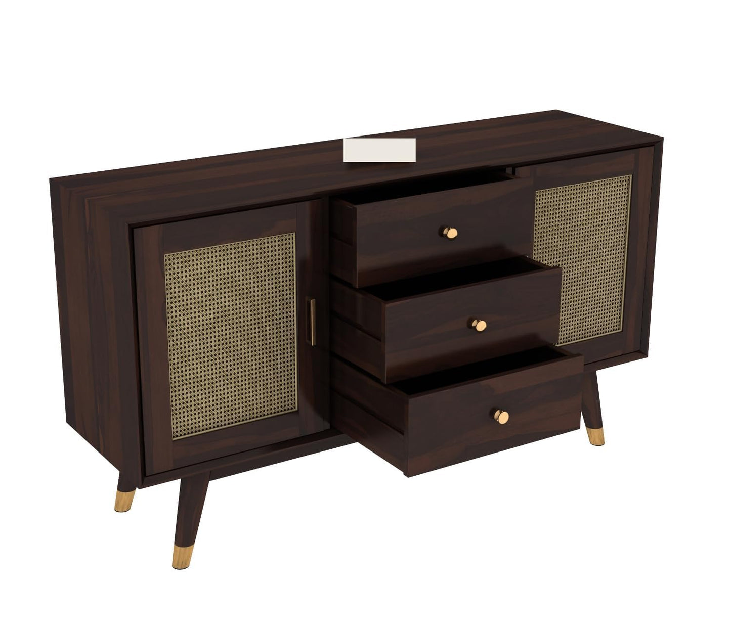 Space Galaxy Furniture Solid Sheesham Wood 3 Drawers & 2 Door Rattan Cane Sideboard & Cabinet With Storage