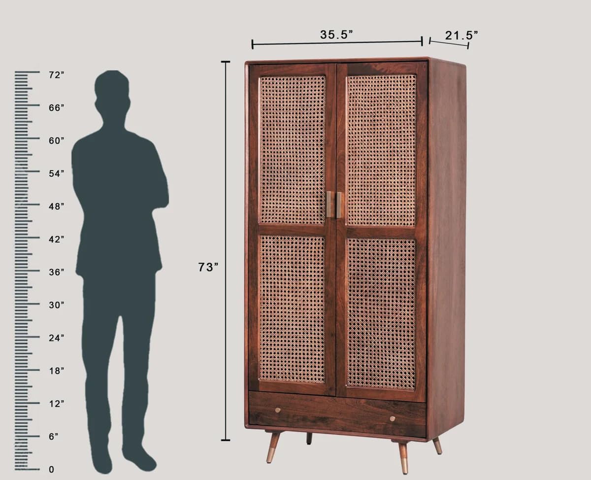 Space Galaxy Furniture Solid Sheesham Rattan Cane Wardrobe | 2-Door Almirah with 3 Drawers, 6 Storage Shelves, 1 Hanging Rod Space | Wooden Cupboard, Natural Finish