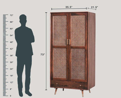 Space Galaxy Furniture Solid Sheesham Rattan Cane Wardrobe | 2-Door Almirah with 3 Drawers, 6 Storage Shelves, 1 Hanging Rod Space | Wooden Cupboard, Natural Finish