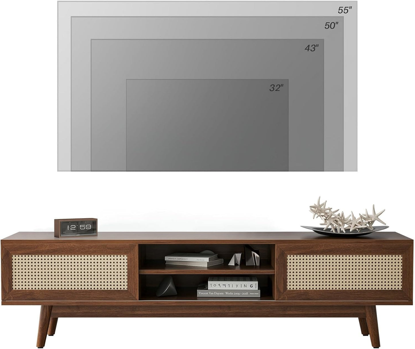 Space Galaxy Furniture Solid Sheesham TV Unit | Mid Century Modern TV Stand with Rattan Cane 2 Doors, & Two Shelf | Entertainment Cabinet | Dark Walnut