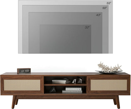 Space Galaxy Furniture Solid Sheesham TV Unit | Mid Century Modern TV Stand with Rattan Cane 2 Doors, & Two Shelf | Entertainment Cabinet | Dark Walnut