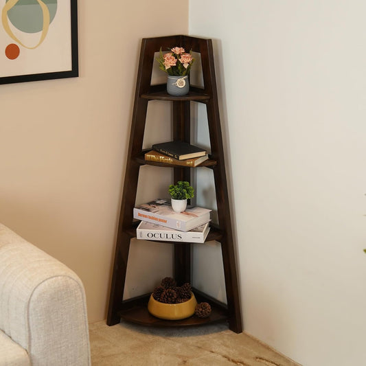 Space Galaxy Furniture Solid Sheesham  Corner Bookshelf 4 Tier Ladder Book Cabinet Corner Shelf, Book Shelf Walnut Finish