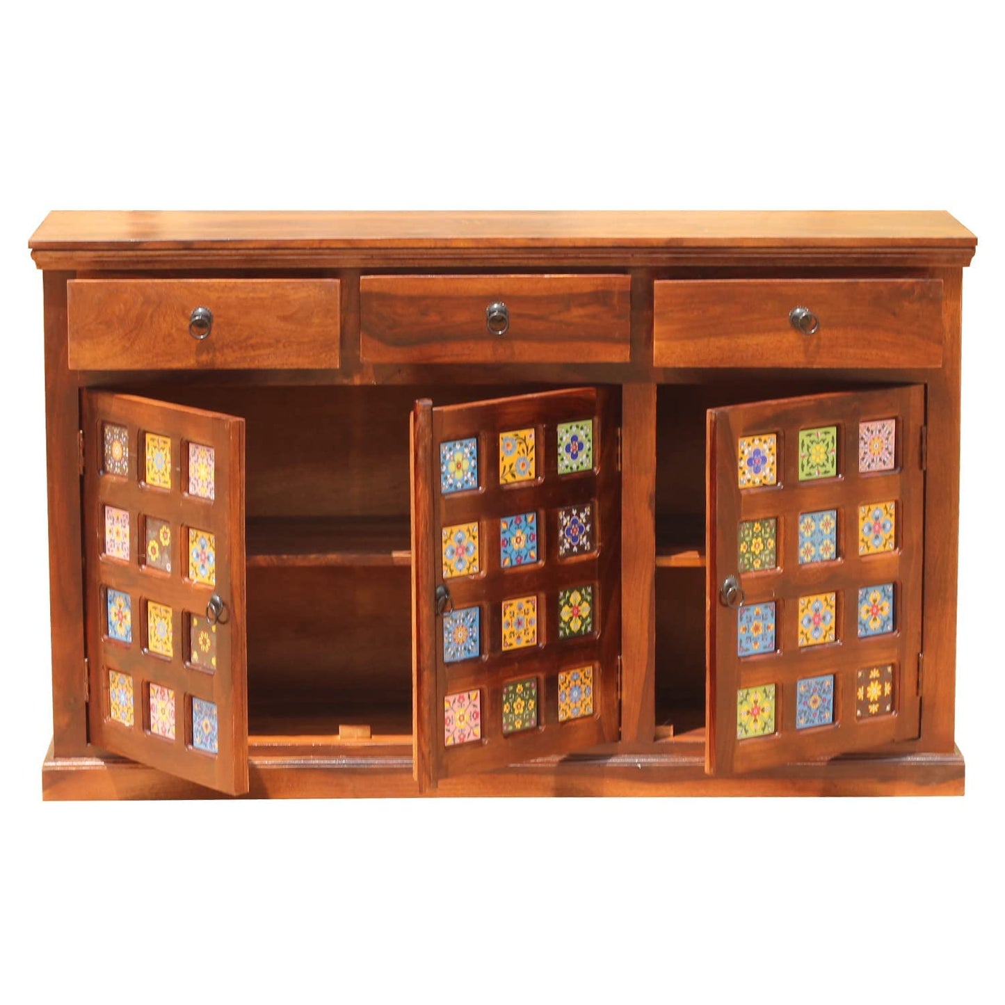 Space Galaxy Furniture Solid Sheesham Wood 3 Drawers & 3 Door tiles Sideboard & Cabinet With Storage