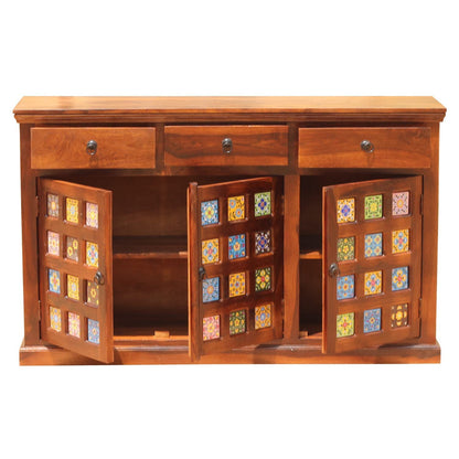 Space Galaxy Furniture Solid Sheesham Wood 3 Drawers & 3 Door tiles Sideboard & Cabinet With Storage