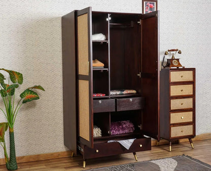 Space Galaxy Furniture Solid SheeshamRattan Cane Wardrobe | 2-Door Almirah with 3 Drawers, 6 Storage Shelves, 1 Hanging Rod Space | Wooden Cupboard, Walnut  Finish