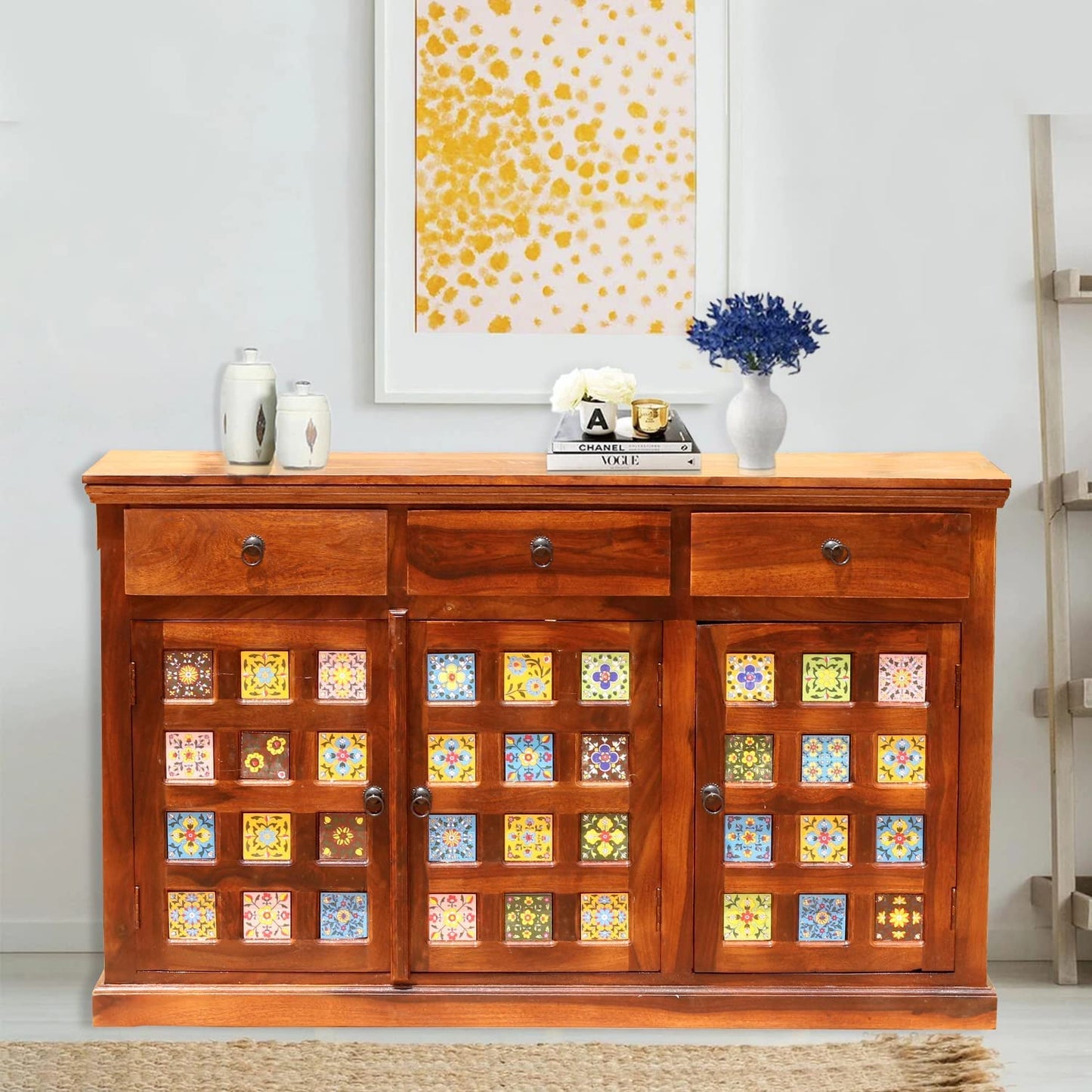 Space Galaxy Furniture Solid Sheesham Wood 3 Drawers & 3 Door tiles Sideboard & Cabinet With Storage
