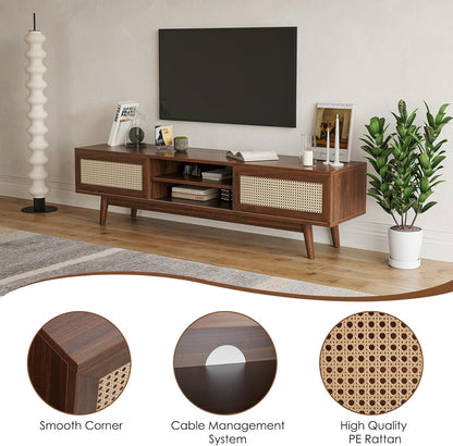 Space Galaxy Furniture Solid Sheesham TV Unit | Mid Century Modern TV Stand with Rattan Cane 2 Doors, & Two Shelf | Entertainment Cabinet | Dark Walnut