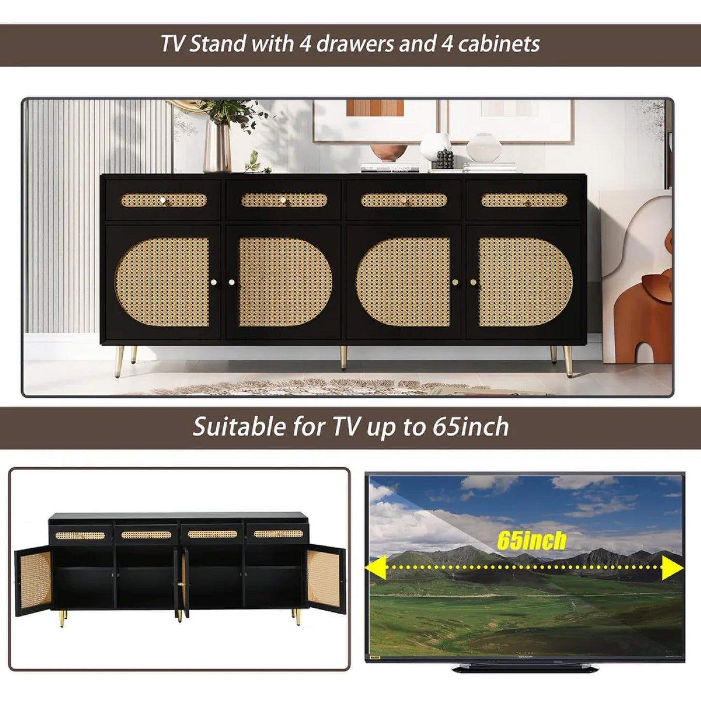 Space Galaxy Furniture Solid Sheesham Wood 4 Drawers & 4 Door Rattan Cane Sideboard & Cabinet With Storage