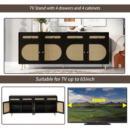 Space Galaxy Furniture Solid Sheesham Wood 4 Drawers & 4 Door Rattan Cane Sideboard & Cabinet With Storage