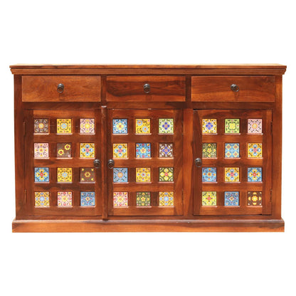 Space Galaxy Furniture Solid Sheesham Wood 3 Drawers & 3 Door tiles Sideboard & Cabinet With Storage