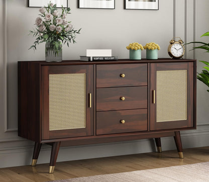 Space Galaxy Furniture Solid Sheesham Wood 3 Drawers & 2 Door Rattan Cane Sideboard & Cabinet With Storage
