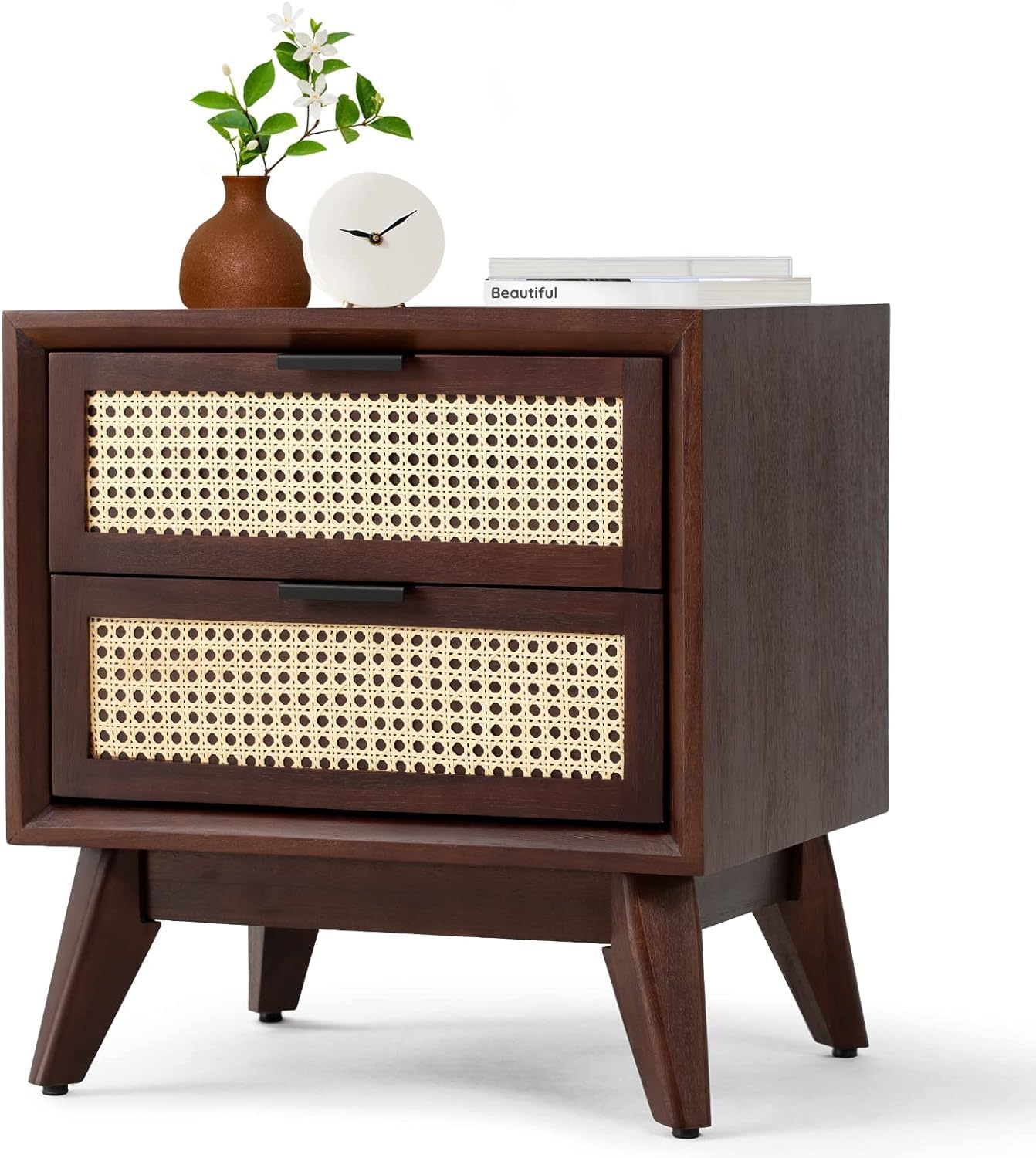 Space Galaxy Furniture Solid Sheesham Bedside Table Rattan Cane Nightstand Lamp Table with 2 Drawers Storage Walnut Finish
