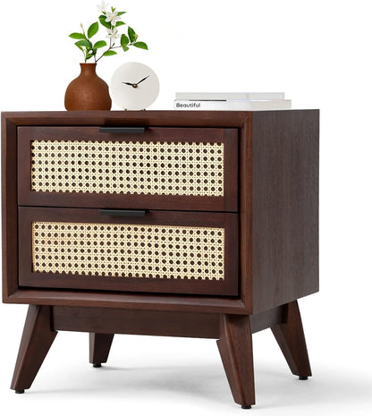 Space Galaxy Furniture Solid Sheesham Bedside Table Rattan Cane Nightstand Lamp Table with 2 Drawers Storage Walnut Finish