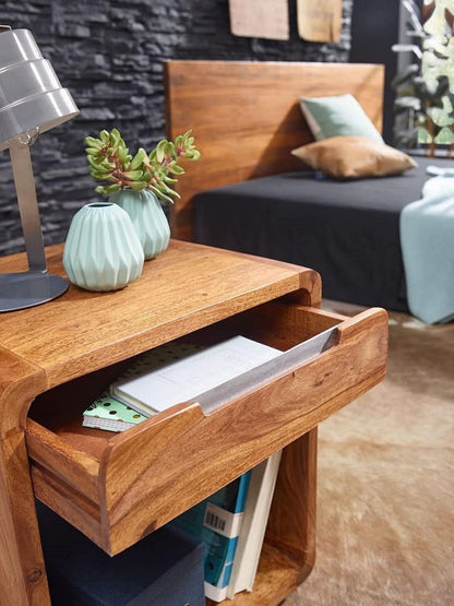 Space Galaxy Furniture Solid Sheesham Bedside Table Nightstand Lamp Table with Nightstand with 1 Door Cabinet & 1 Drawer Storage | Natural Finish