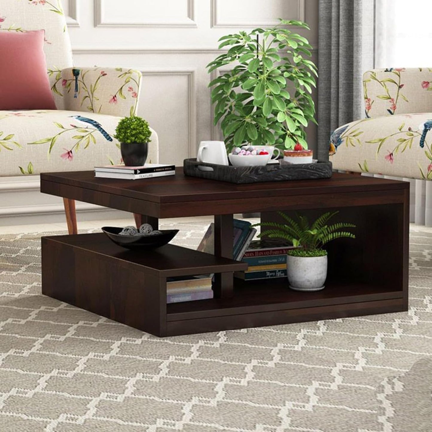 Space Galaxy Furniture Solid Sheesham Centre Coffee Table Open Shelf Storage Walnut Finish