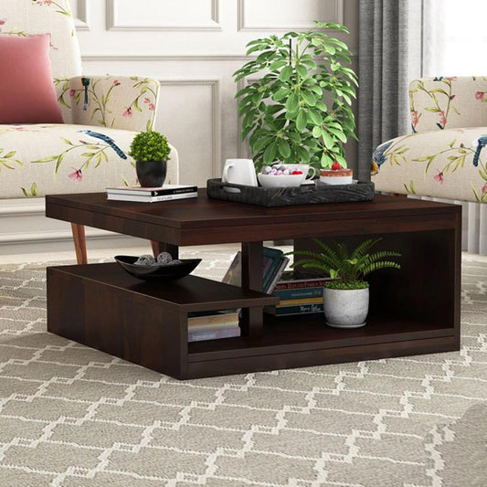 Space Galaxy Furniture Solid Sheesham Centre Coffee Table Open Shelf Storage Walnut Finish