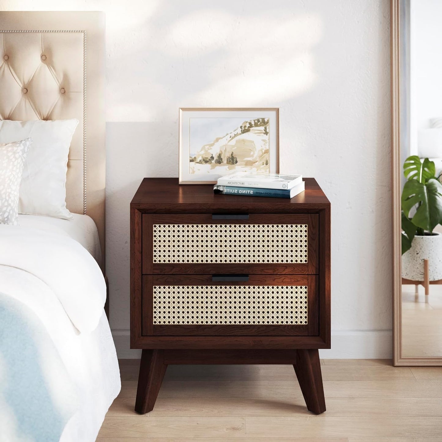 Space Galaxy Furniture Solid Sheesham Bedside Table Rattan Cane Nightstand Lamp Table with 2 Drawers Storage Walnut Finish