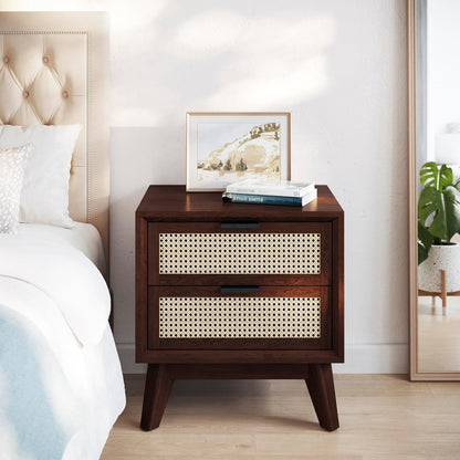 Space Galaxy Furniture Solid Sheesham Bedside Table Rattan Cane Nightstand Lamp Table with 2 Drawers Storage Walnut Finish