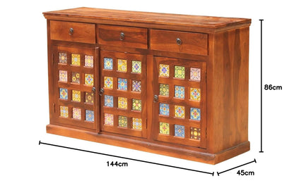 Space Galaxy Furniture Solid Sheesham Wood 3 Drawers & 3 Door tiles Sideboard & Cabinet With Storage