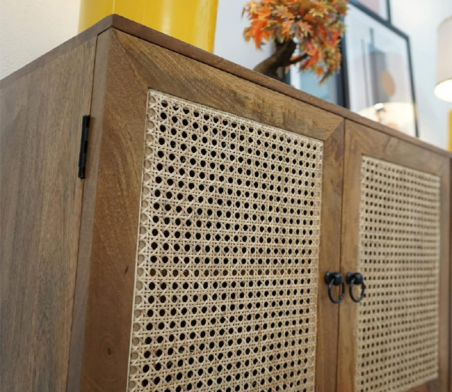Space Galaxy Furniture Solid Sheesham Wood 4 Door Rattan Cane Sideboard & Cabinet With Storage