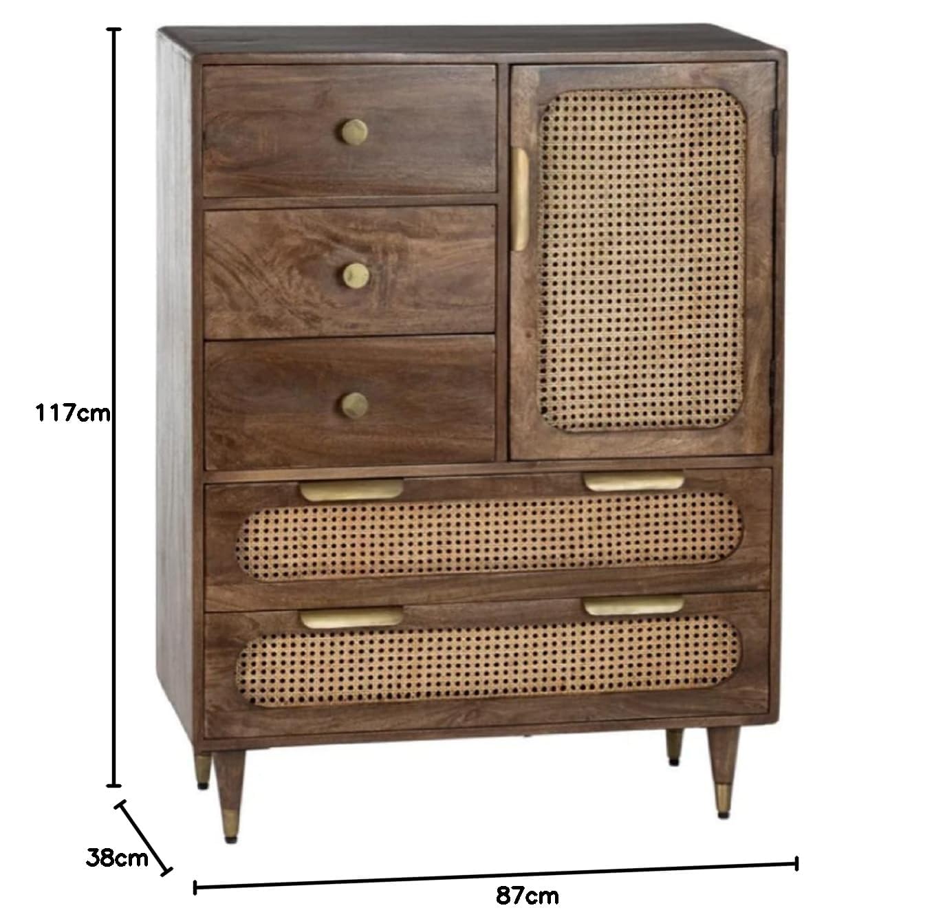 Space Galaxy Furniture Solid Sheesham Chest Of Drawers Rattan Cane | Storage Type: 1 Door and 5 Drawers | Finish:-Dark Walnut