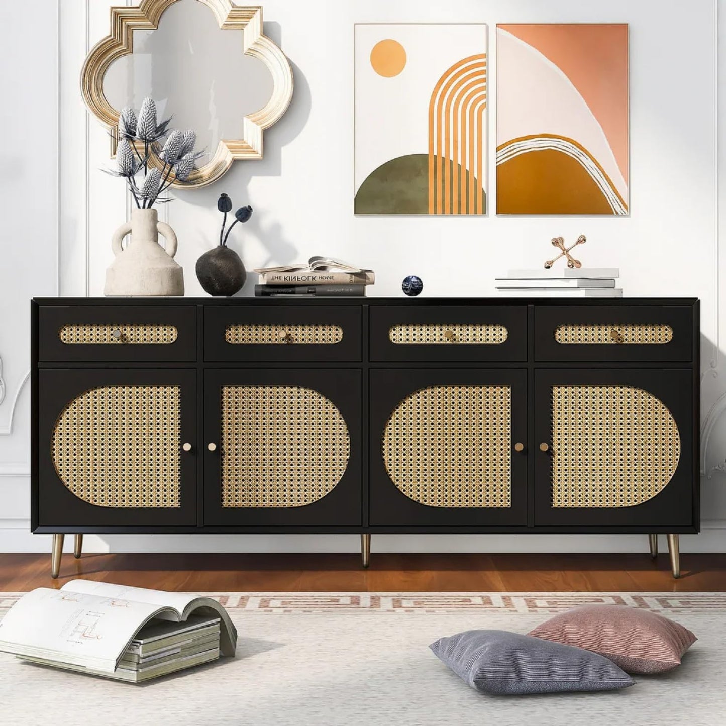 Space Galaxy Furniture Solid Sheesham Wood 4 Drawers & 4 Door Rattan Cane Sideboard & Cabinet With Storage