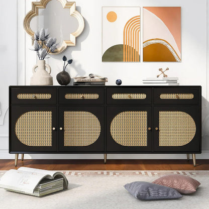 Space Galaxy Furniture Solid Sheesham Wood 4 Drawers & 4 Door Rattan Cane Sideboard & Cabinet With Storage