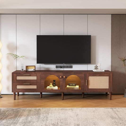 Space Galaxy Furniture Solid Sheesham TV Unit | Mid Century Modern TV Stand with Rattan Cane 3 Doors, & Two Shelf | Entertainment Cabinet | Provincial Teak Finish