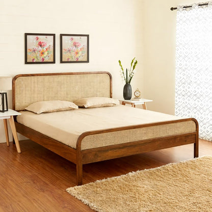 Space Galaxy Furniture Solid Sheesham  Rattan Queen Size Bed Wooden Cane Queen Size Cot Without Storage