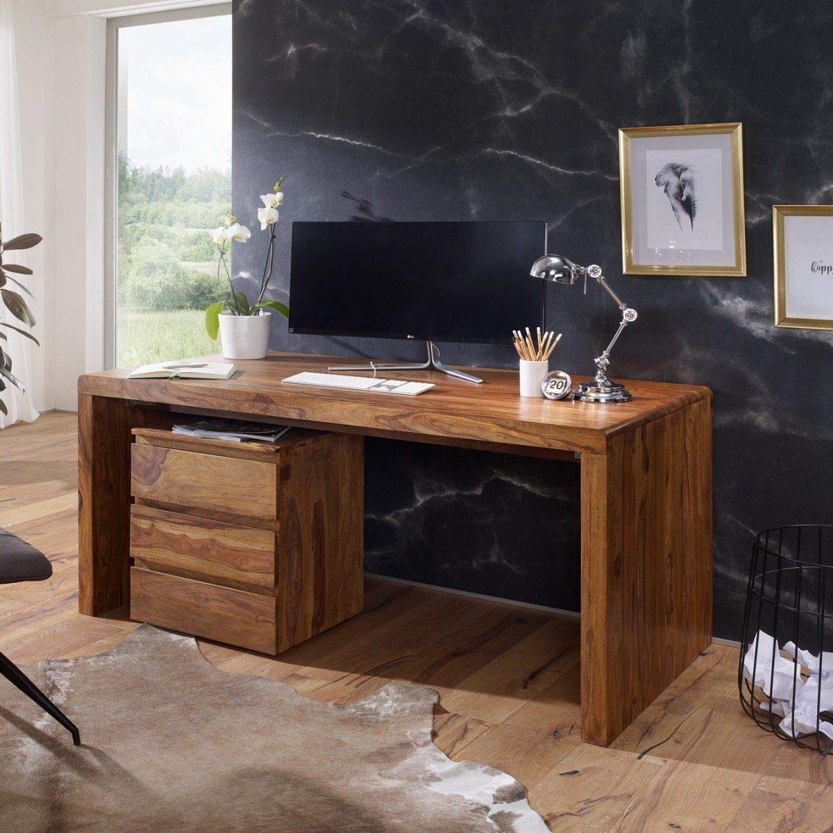 Space Galaxy Furniture Solid Sheesham Big Size Study Table Office Table Computer Table 3 Drawers Side Table Natural Finish