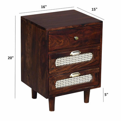 Space Galaxy Furniture Solid Sheesham Bedside Table Rattan Cane Nightstand Lamp Table with 3 Drawers Storage Walnut Finish