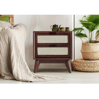 Space Galaxy Furniture Solid Sheesham Bedside Table Rattan Cane Nightstand Lamp Table with 2 Drawers Storage Walnut Finish