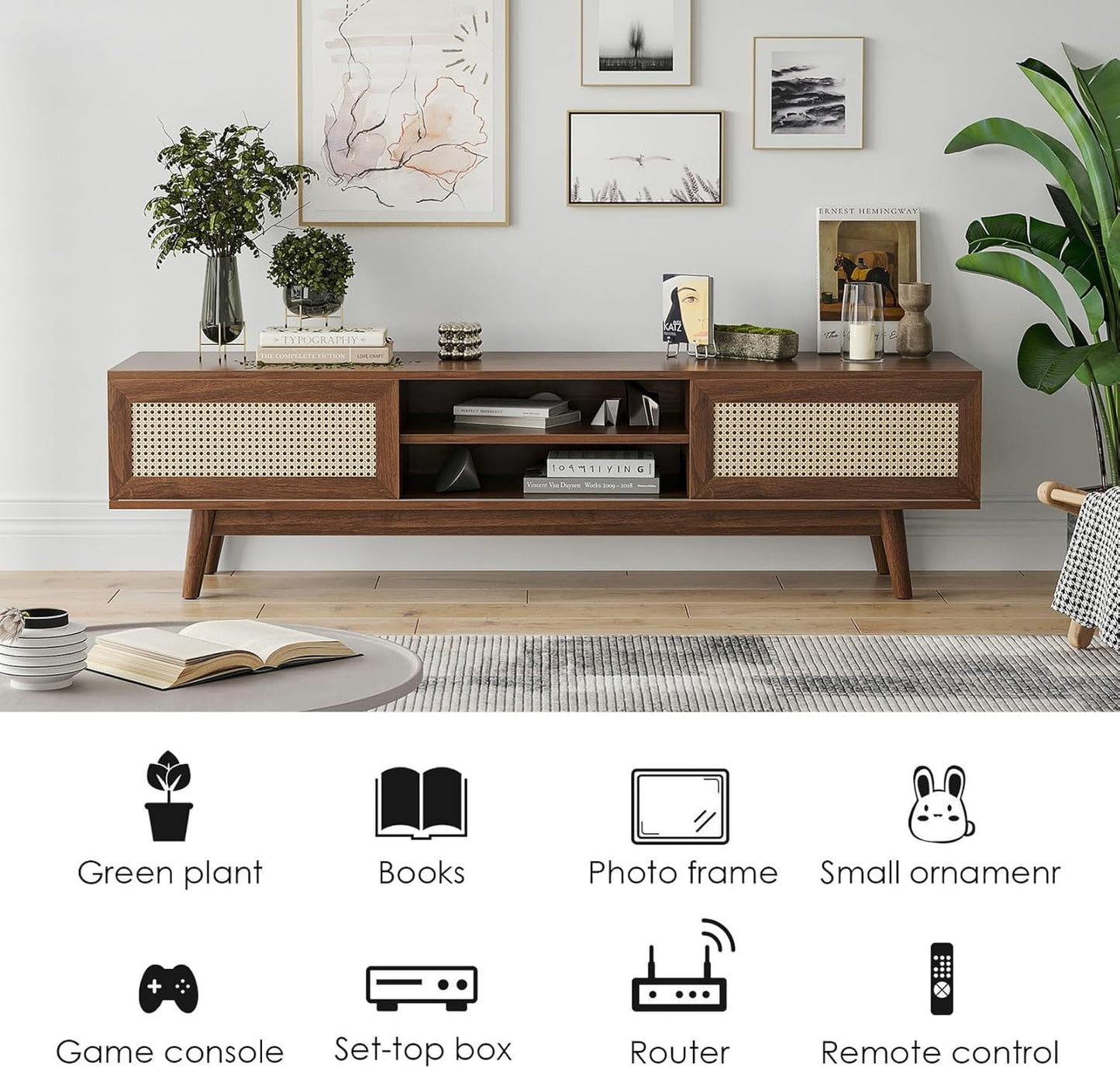 Space Galaxy Furniture Solid Sheesham TV Unit | Mid Century Modern TV Stand with Rattan Cane 2 Doors, & Two Shelf | Entertainment Cabinet | Dark Walnut