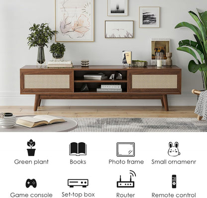 Space Galaxy Furniture Solid Sheesham TV Unit | Mid Century Modern TV Stand with Rattan Cane 2 Doors, & Two Shelf | Entertainment Cabinet | Dark Walnut