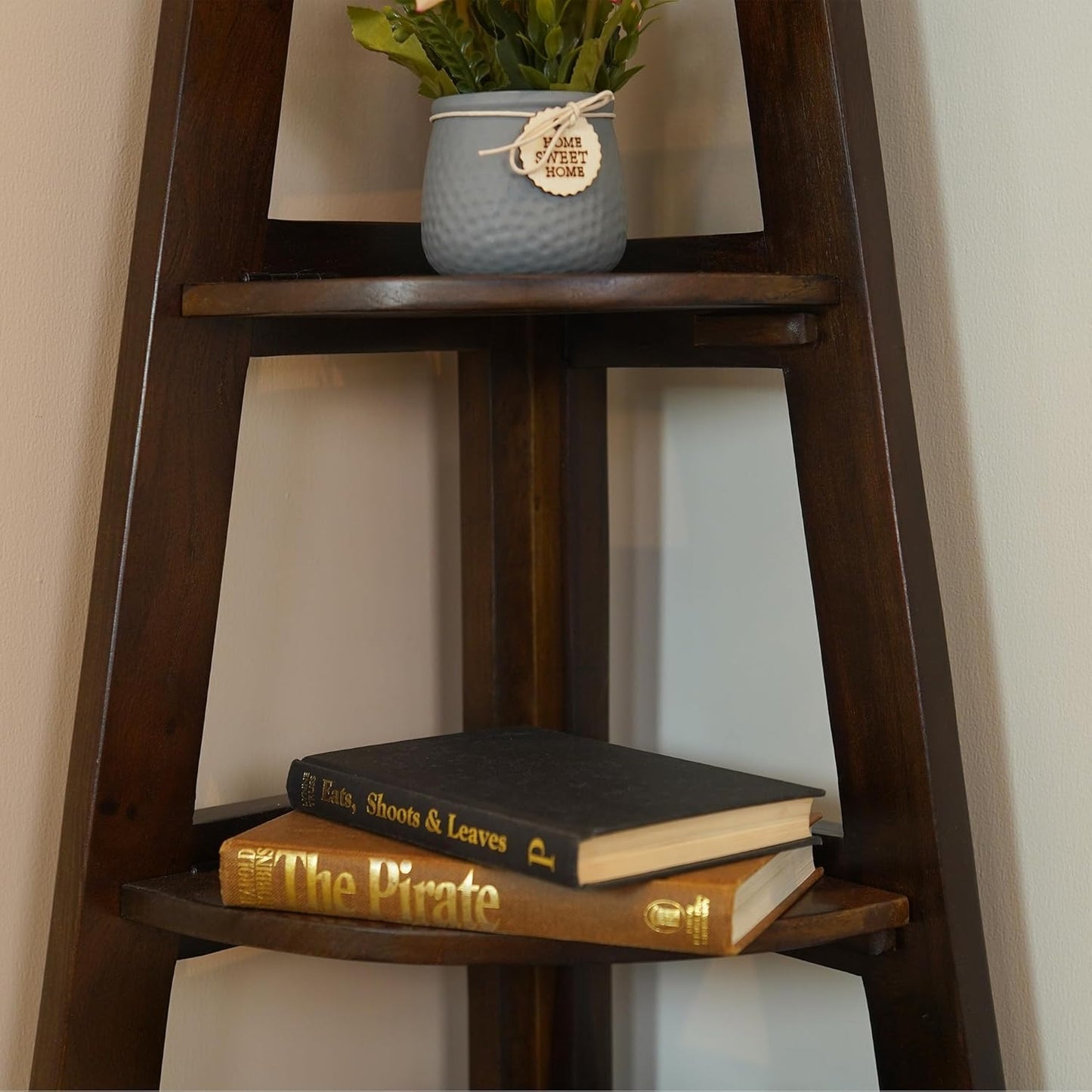 Space Galaxy Furniture Solid Sheesham  Corner Bookshelf 4 Tier Ladder Book Cabinet Corner Shelf, Book Shelf Walnut Finish