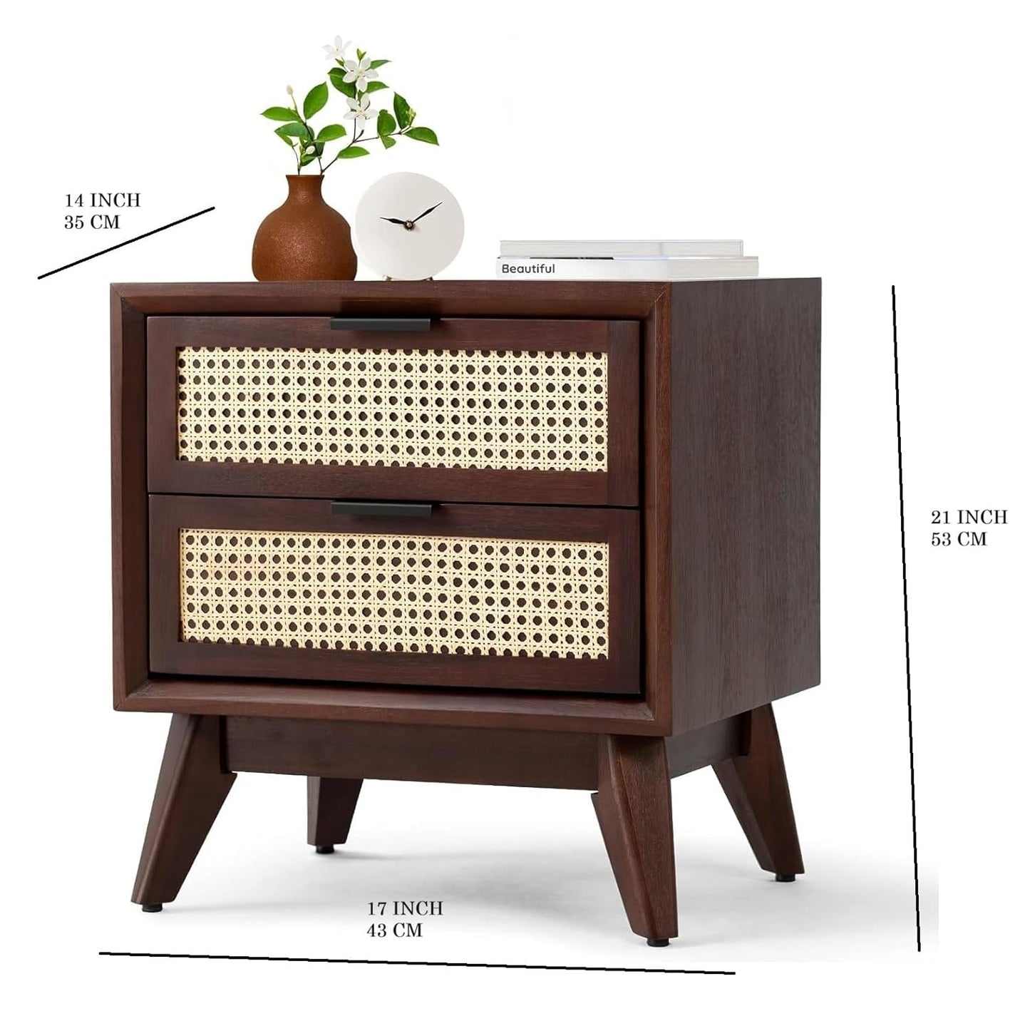 Space Galaxy Furniture Solid Sheesham Bedside Table Rattan Cane Nightstand Lamp Table with 2 Drawers Storage Walnut Finish