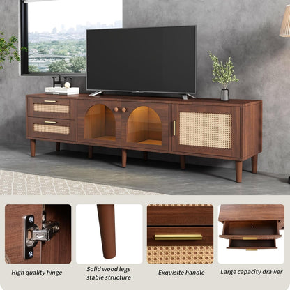 Space Galaxy Furniture Solid Sheesham TV Unit | Mid Century Modern TV Stand with Rattan Cane 3 Doors, & Two Shelf | Entertainment Cabinet | Provincial Teak Finish