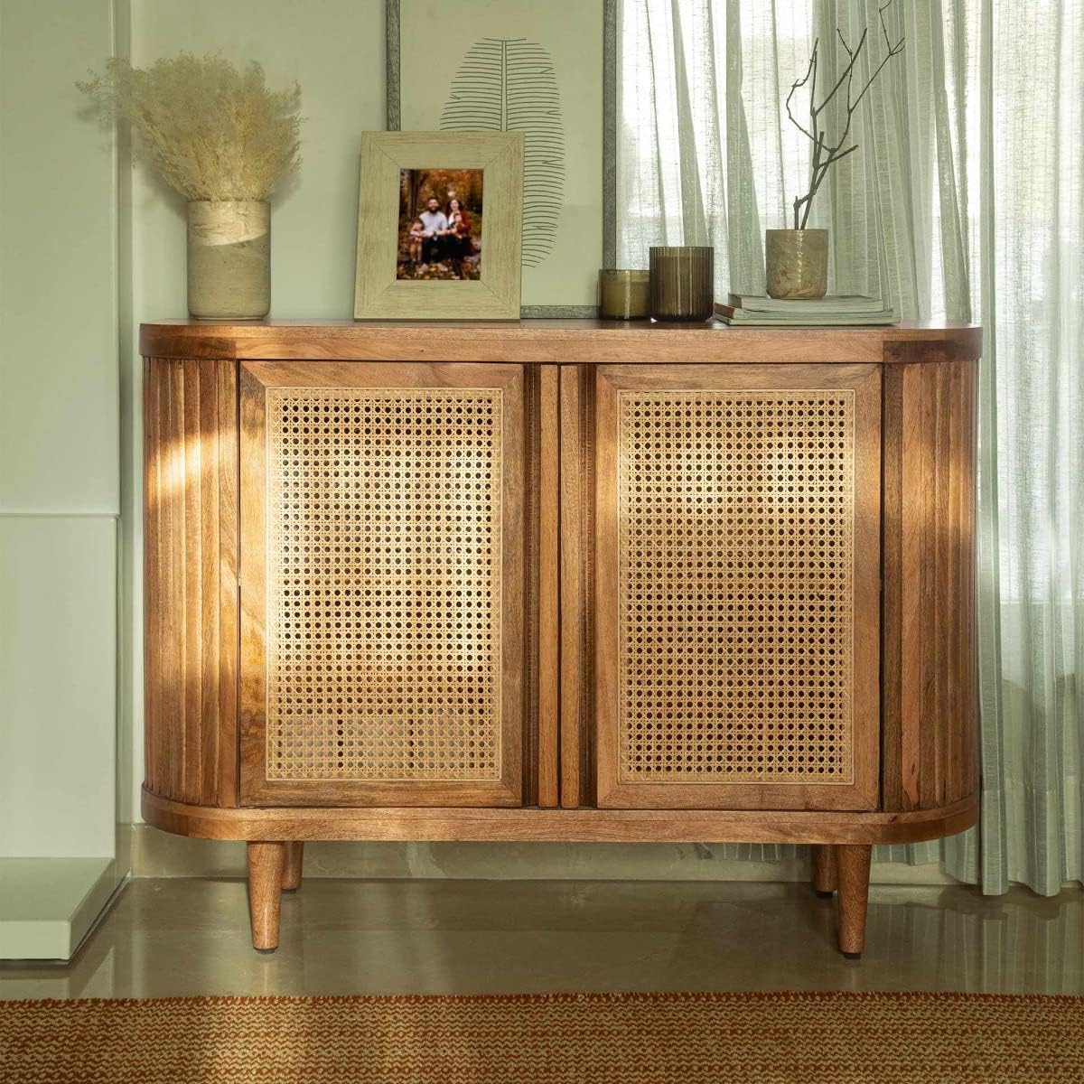 Space Galaxy Furniture Solid Sheesham Wood 2 Door Rattan Cane Sideboard & Cabinet With Storage