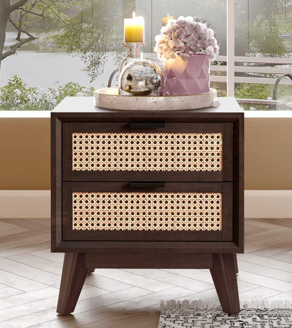 Space Galaxy Furniture Solid Sheesham Bedside Table Rattan Cane Nightstand Lamp Table with 2 Drawers Storage Walnut Finish