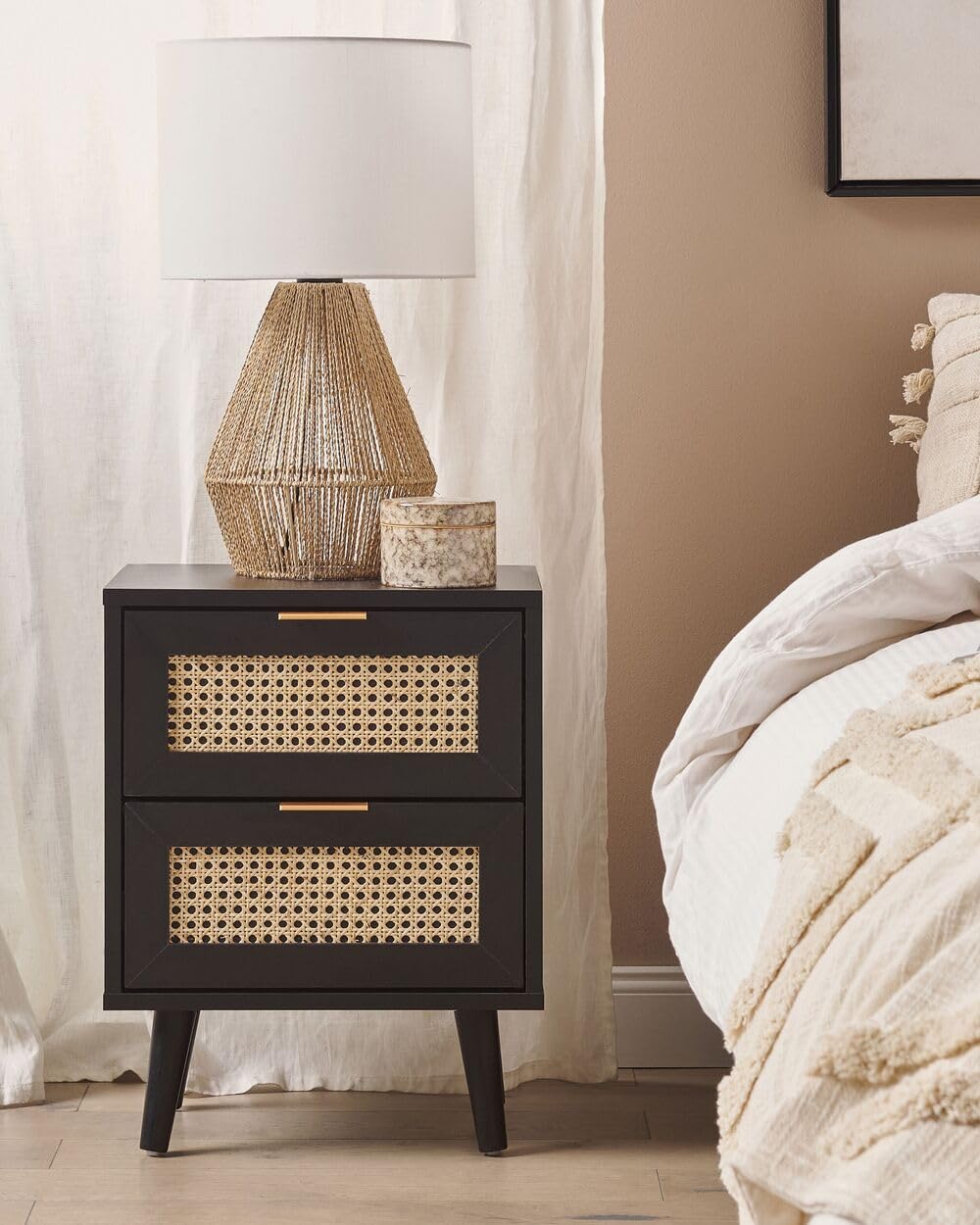 Space Galaxy Furniture Solid Sheesham Bedside Table Rattan Cane Nightstand Lamp Table with 2 Drawers Storage Z-black Finish