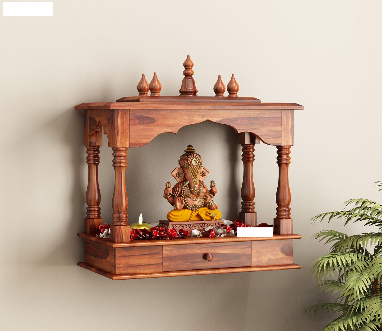 Space Galaxy Furniture Solid Sheesham  Wall-Mounted Temple Shelf, Sheesham Wood Pooja Mandir with Storage Drawers, Traditional Design, Honey Oak Finish