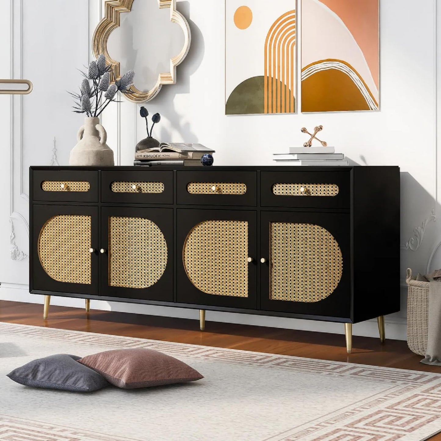 Space Galaxy Furniture Solid Sheesham Wood 4 Drawers & 4 Door Rattan Cane Sideboard & Cabinet With Storage